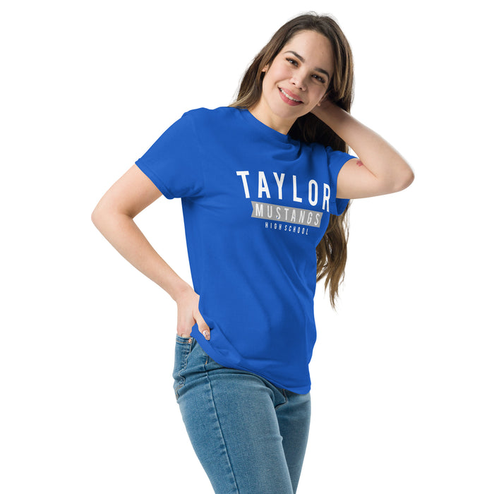 Woman wearing Taylor High School Mustangs Royal Blue Classic Unisex T-shirt 021