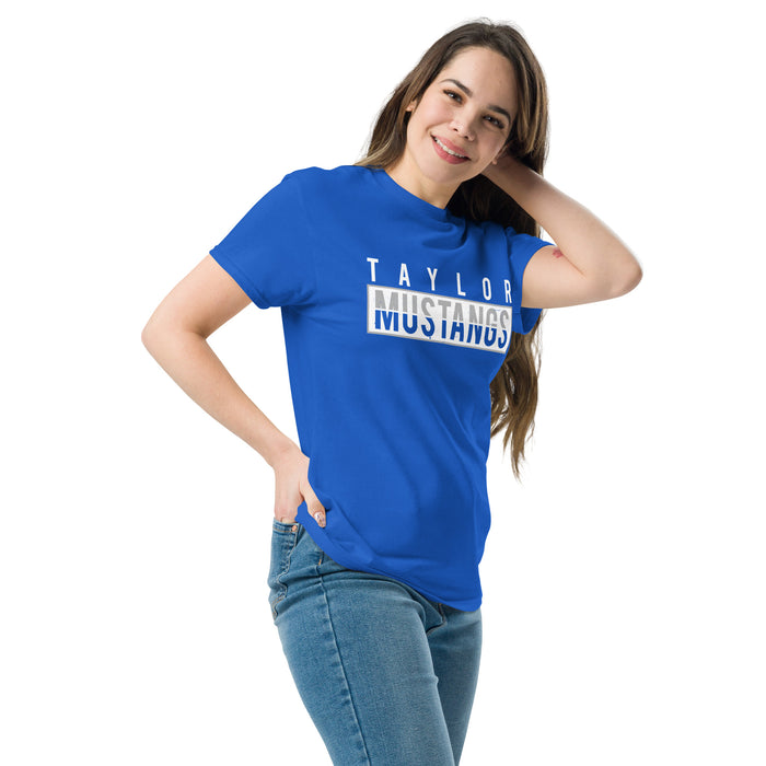 Woman wearing Taylor High School Mustangs Royal Blue Classic Unisex T-shirt 031