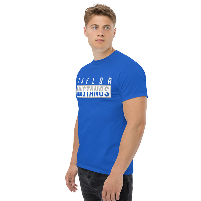 Side view of Taylor High School Mustangs Royal Blue Classic Unisex T-shirt 031