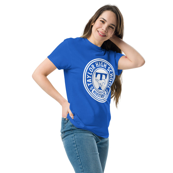 Woman wearing Taylor High School Mustangs Royal Blue Classic Unisex T-shirt 220