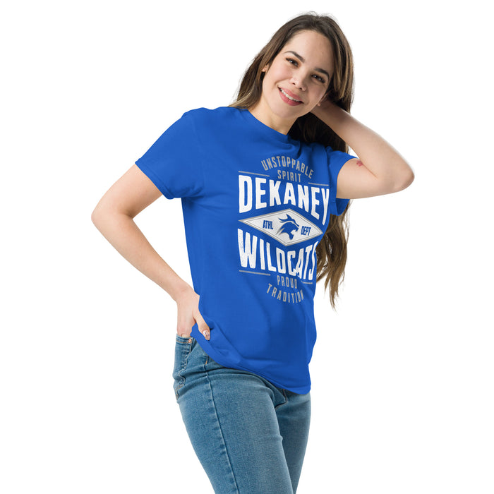 Woman wearing Dekaney High School Wildcats Royal Classic Unisex T-shirt 210