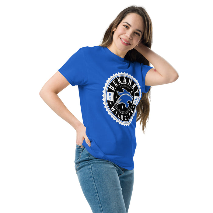 Woman wearing Dekaney High School Wildcats Royal Classic Unisex T-shirt 203