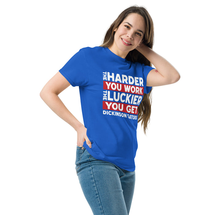 Woman wearing Dickinson High School Gators Royal Blue Classic Unisex T-shirt 238