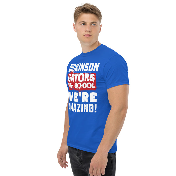 Side view of Dickinson High School Gators Royal Blue Classic Unisex T-shirt 231