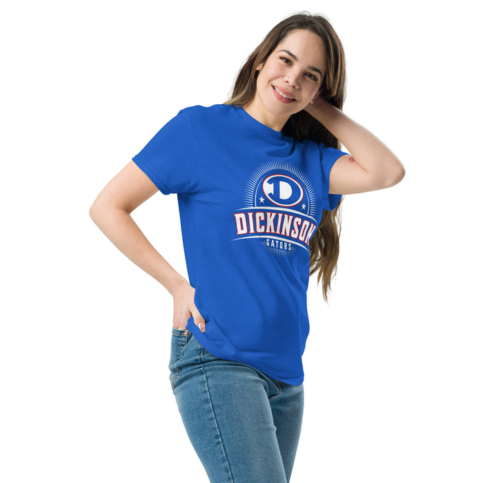 Woman wearing Dickinson High School Gators Royal Blue Classic Unisex T-shirt 221