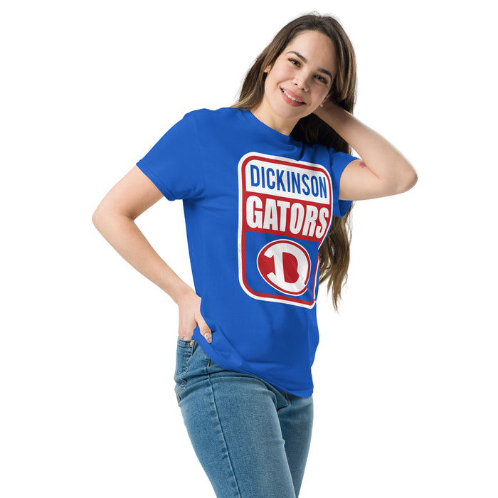 Woman wearing Dickinson High School Gators Royal Blue Classic Unisex T-shirt 227