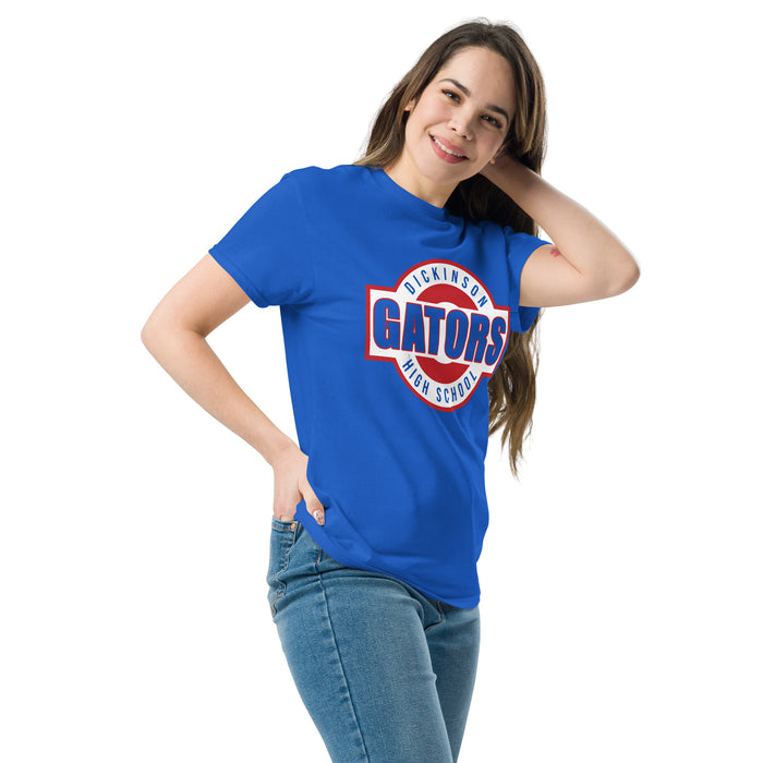 Woman wearing Dickinson High School Gators Royal Blue Classic Unisex T-shirt 011