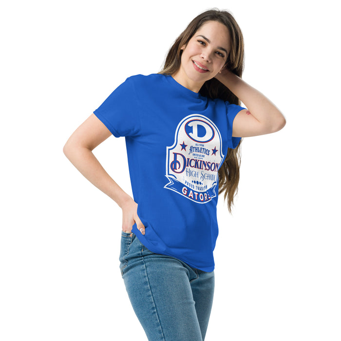 Woman wearing Dickinson High School Gators Royal Blue Classic Unisex T-shirt 219