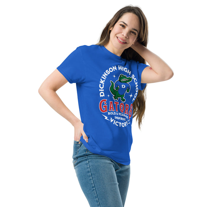 Woman wearing Dickinson High School Gators Royal Blue Classic Unisex T-shirt 206