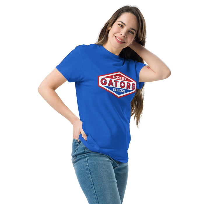 Woman wearing Dickinson High School Gators Royal Blue Classic Unisex T-shirt 009