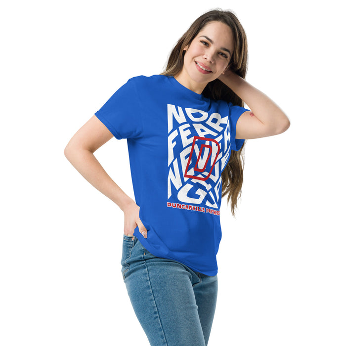 Woman wearing Duncanville High School Panthers Royal Blue Classic Unisex T-shirt 236