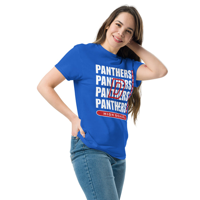 Woman wearing Duncanville High School Panthers Royal Blue Classic Unisex T-shirt 235