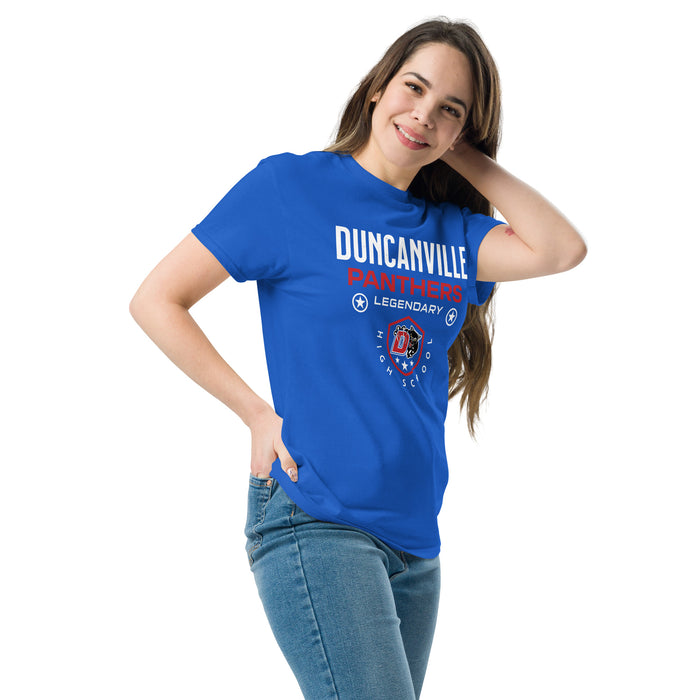 Woman wearing Duncanville High School Panthers Royal Blue Classic Unisex T-shirt 003