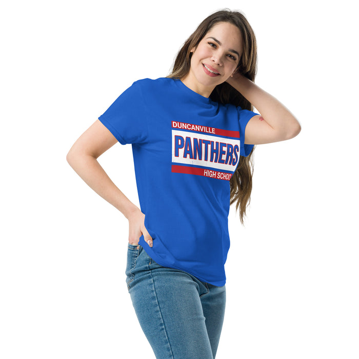 Woman wearing Duncanville High School Panthers Royal Blue Classic Unisex T-shirt 098