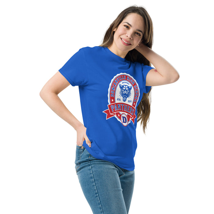 Woman wearing Duncanville High School Panthers Royal Blue Classic Unisex T-shirt 212