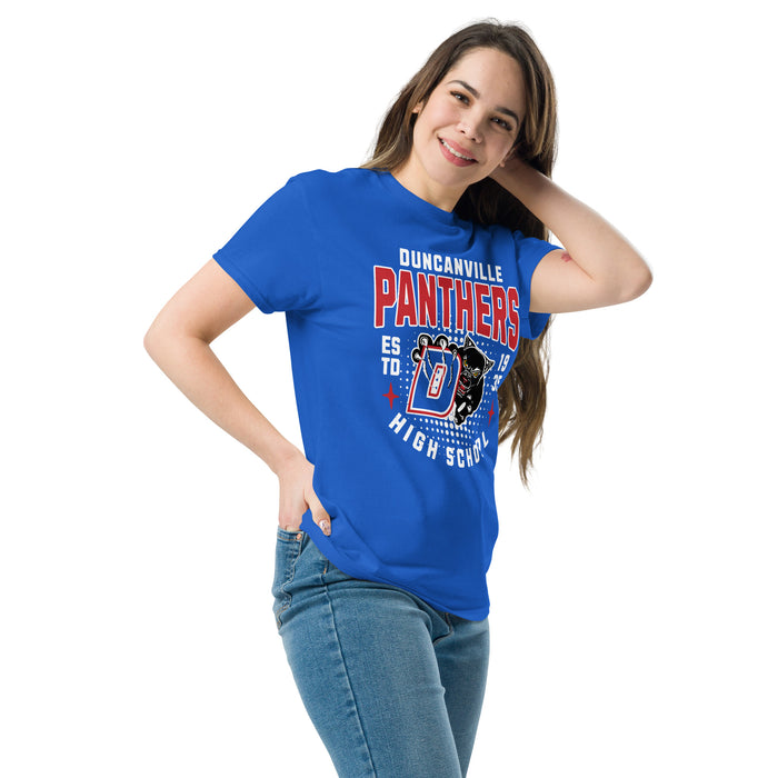 Woman wearing Duncanville High School Panthers Royal Blue Classic Unisex T-shirt 204