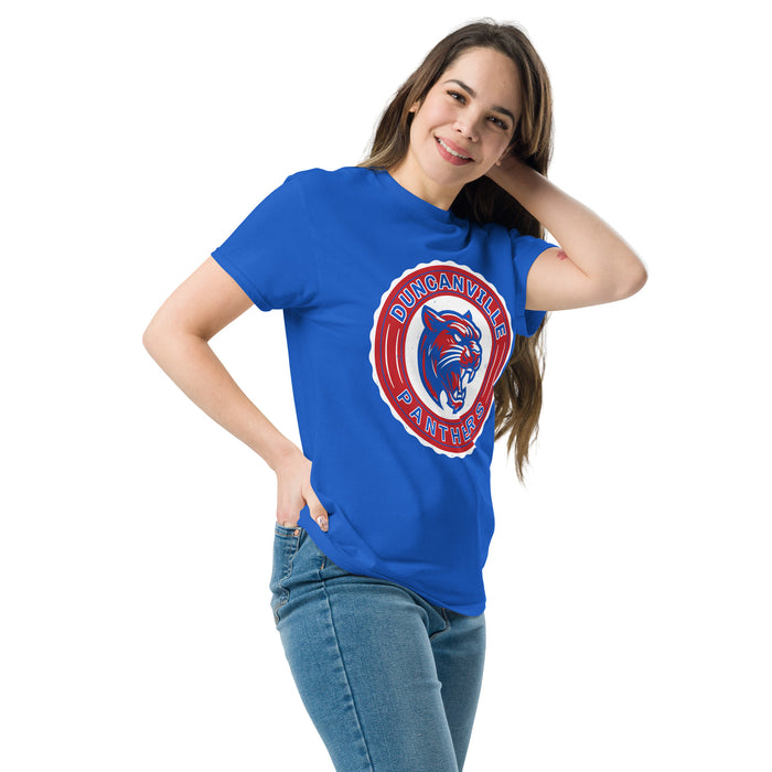 Woman wearing Duncanville High School Panthers Royal Blue Classic Unisex T-shirt 216