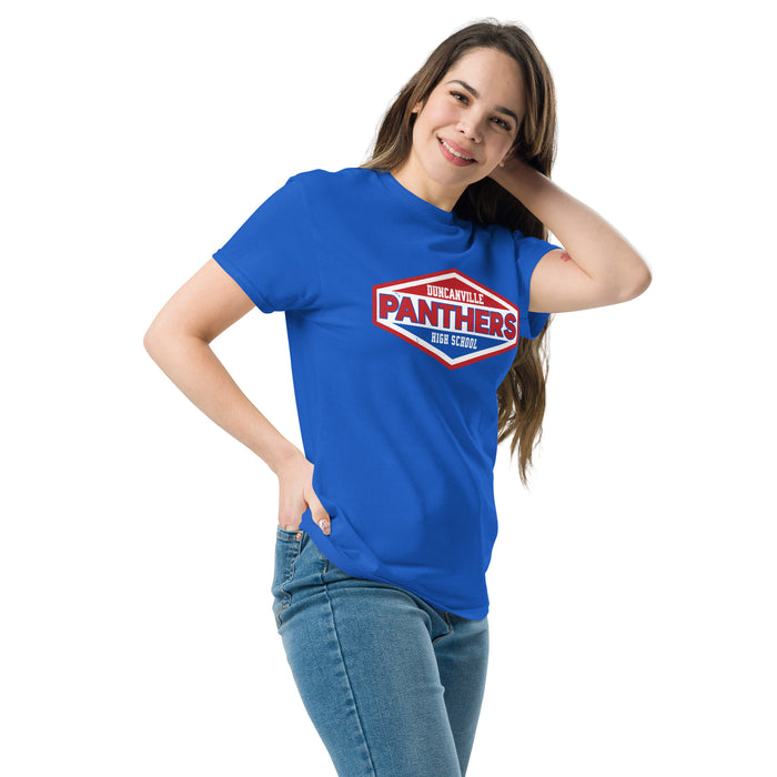 Woman wearing Duncanville High School Panthers Royal Blue Classic Unisex T-shirt 009