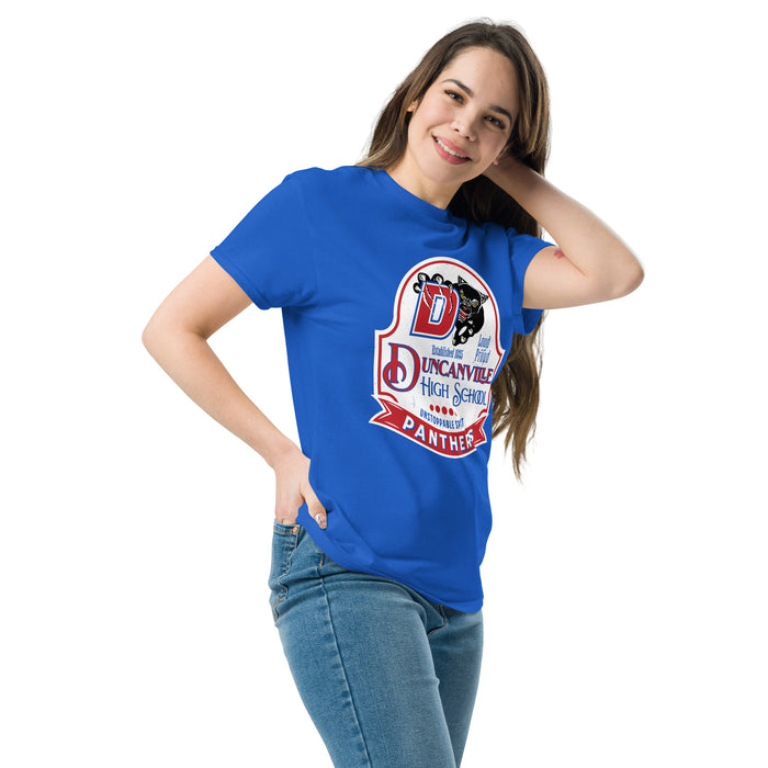 Woman wearing Duncanville High School Panthers Royal Blue Classic Unisex T-shirt 219