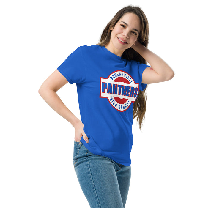 Woman wearing Duncanville High School Panthers Royal Blue Classic Unisex T-shirt 011