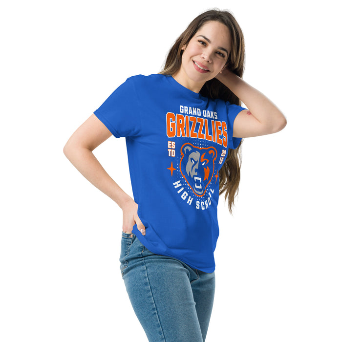 Woman wearing Grand Oaks High School Grizzlies Classic Unisex Royal T-shirt 204