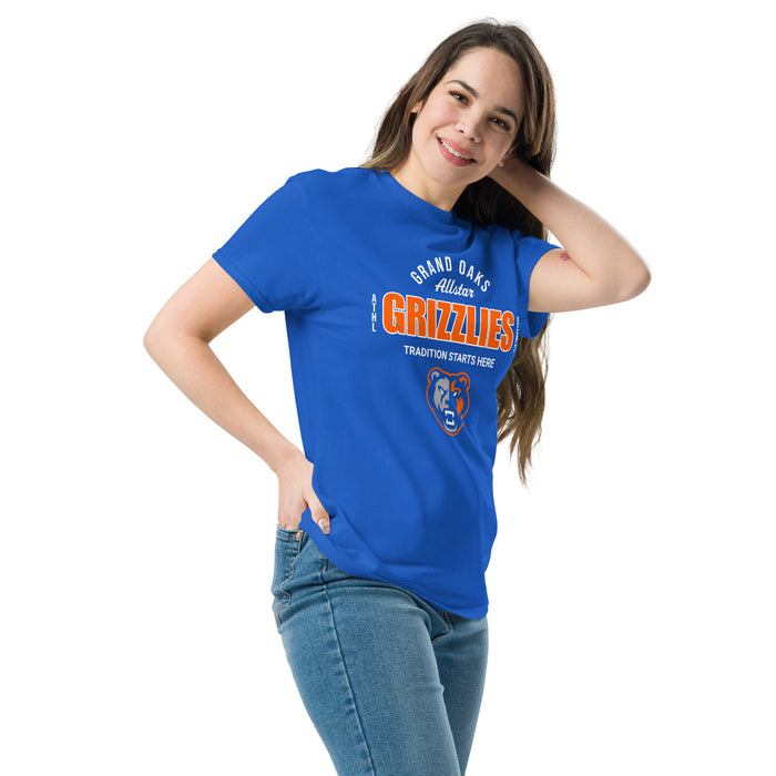 Woman wearing Grand Oaks High School Grizzlies Classic Unisex Royal T-shirt 040