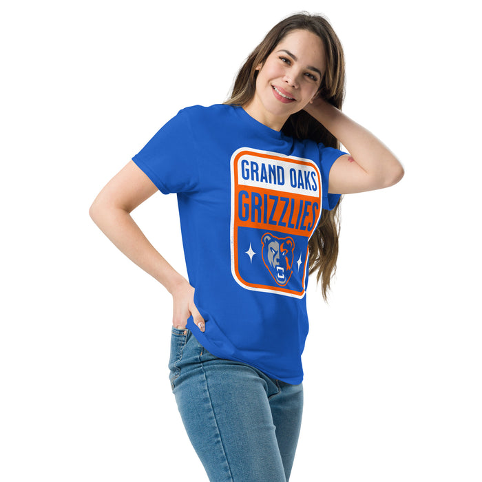 Woman wearing Grand Oaks High School Grizzlies Classic Unisex Royal T-shirt 001