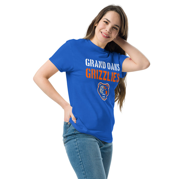 Woman wearing Grand Oaks High School Grizzlies Classic Unisex Royal T-shirt 017
