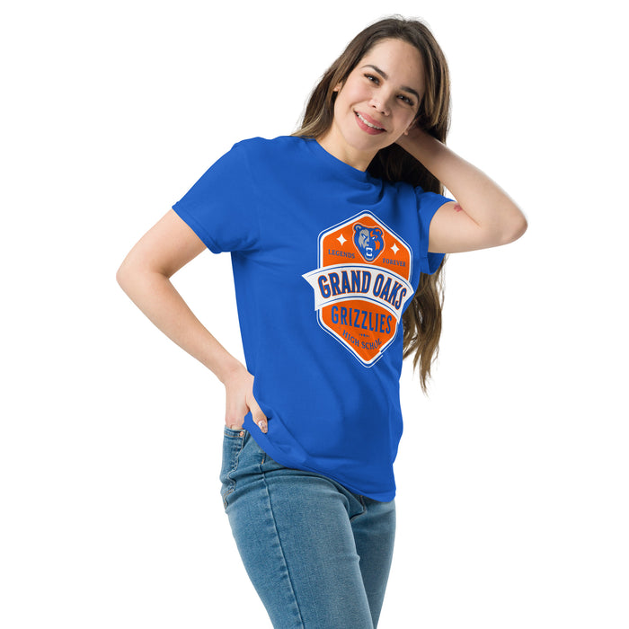 Woman wearing Grand Oaks High School Grizzlies Classic Unisex Royal T-shirt 209