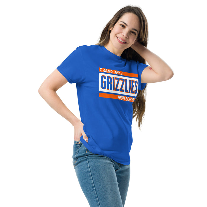 Woman wearing Grand Oaks High School Grizzlies Classic Unisex Royal T-shirt 098