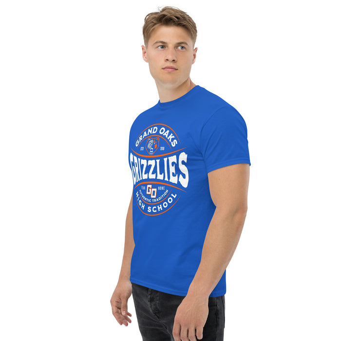 Man wearing Grand Oaks High School Grizzlies Classic Unisex Royal T-shirt 218