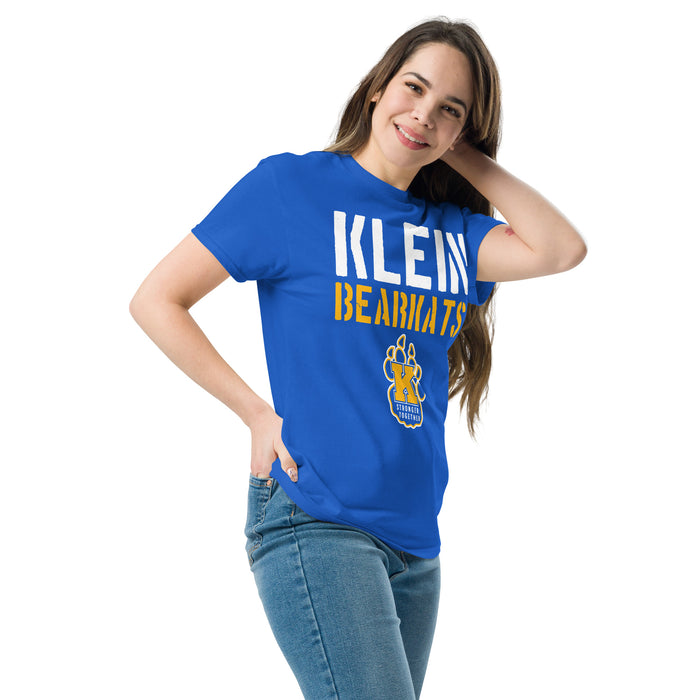 Woman wearing Klein High School Bearkats Royal Blue Classic Unisex T-shirt 017