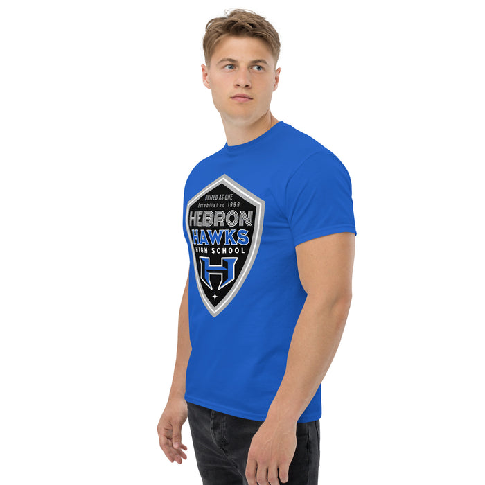 Man wearing Hebron High School Hawks Royal Blue Classic Unisex T-shirt 225