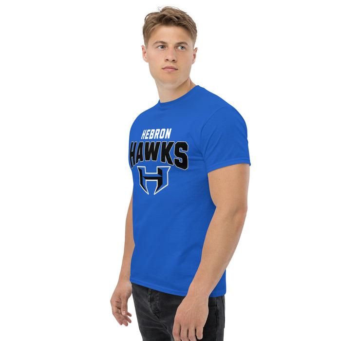 Man wearing Hebron High School Hawks Royal Blue Classic Unisex T-shirt 234