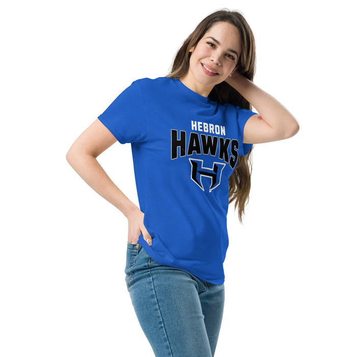 Woman wearing Hebron High School Hawks Royal Blue Classic Unisex T-shirt 234