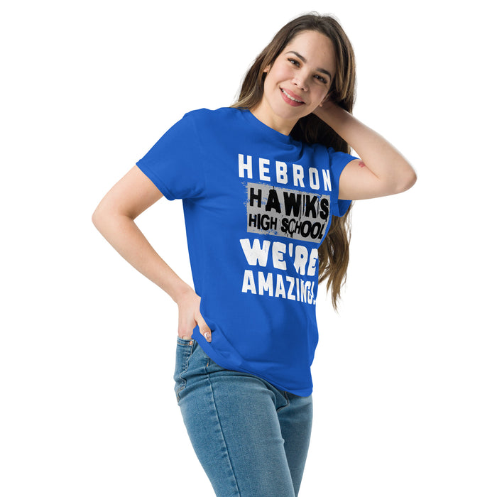 Woman wearing Hebron High School Hawks Royal Blue Classic Unisex T-shirt 231