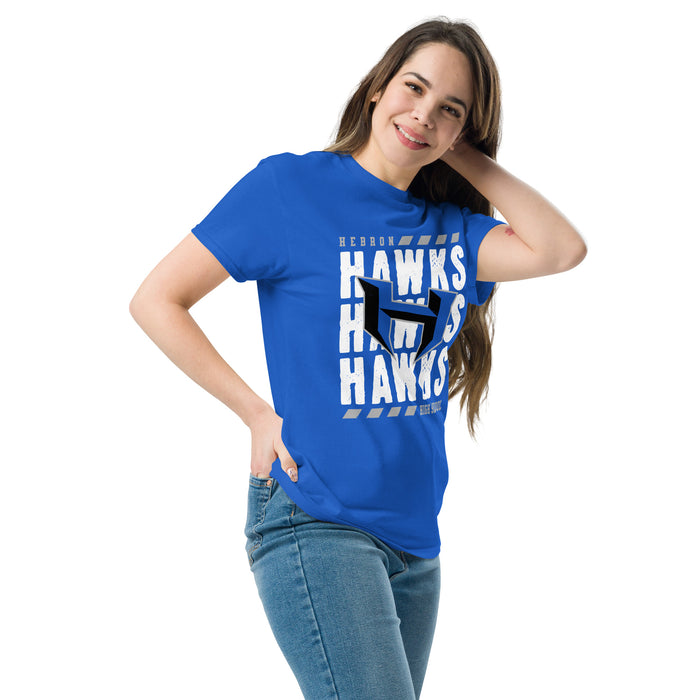 Woman wearing Hebron High School Hawks Royal Blue Classic Unisex T-shirt 223