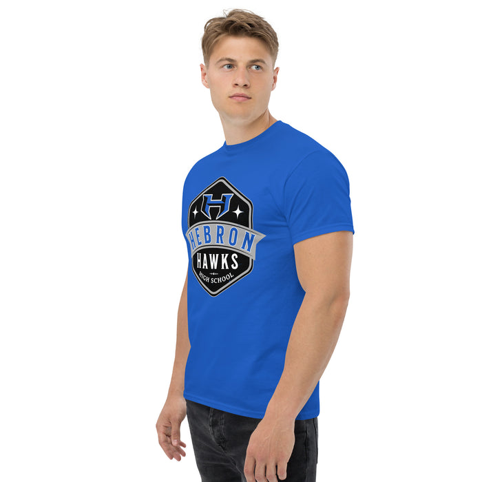 Man wearing Hebron High School Hawks Royal Blue Classic Unisex T-shirt 209