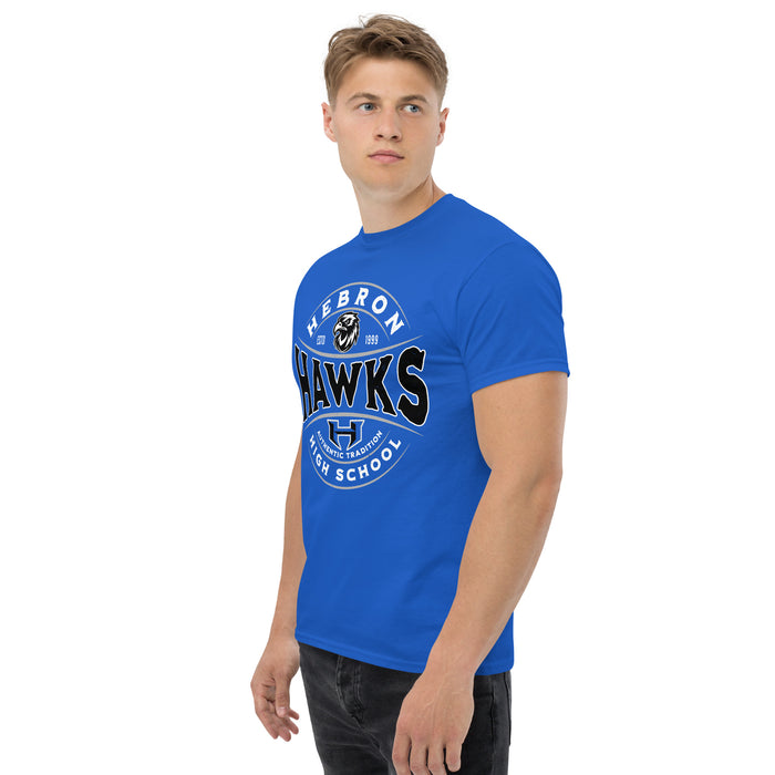 Man wearing Hebron High School Hawks Royal Blue Classic Unisex T-shirt 218