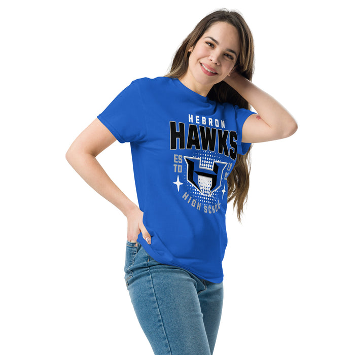 Woman wearing Hebron High School Hawks Royal Blue Classic Unisex T-shirt 204