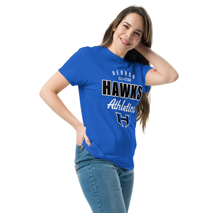 Woman wearing Hebron High School Hawks Royal Blue Classic Unisex T-shirt 034