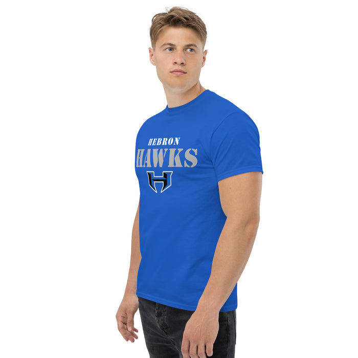 Man wearing Hebron High School Hawks Royal Blue Classic Unisex T-shirt 017