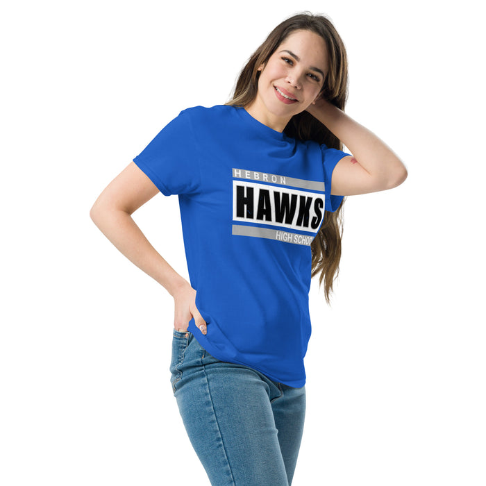 Woman wearing Hebron High School Hawks Royal Blue Classic Unisex T-shirt 098