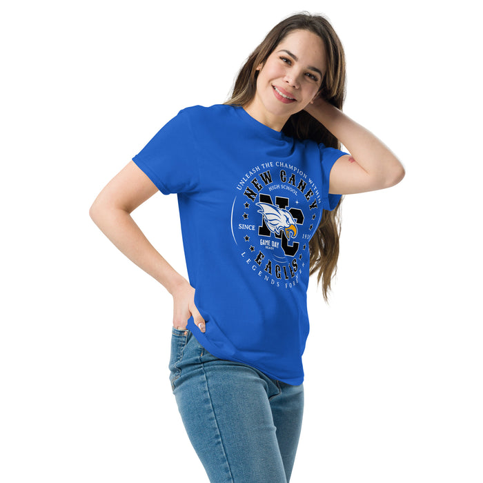 Woman wearing New Caney High School Eagles Royal Blue Classic Unisex T-shirt 214
