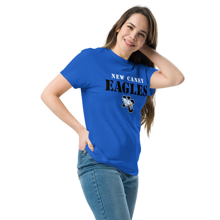 Woman wearing New Caney High School Eagles Royal Blue Classic Unisex T-shirt 017