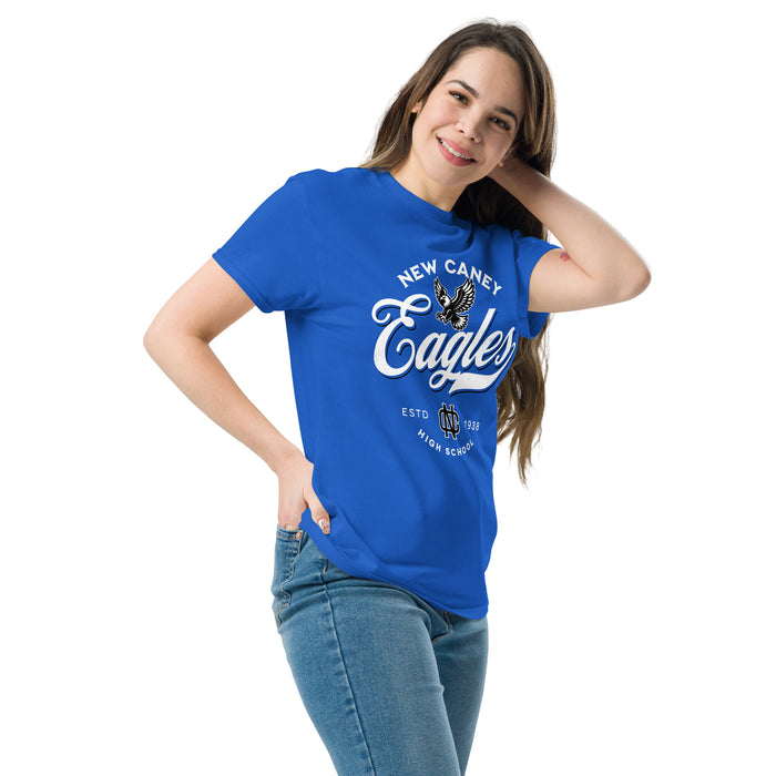 Woman wearing New Caney High School Eagles Royal Blue Classic Unisex T-shirt 226