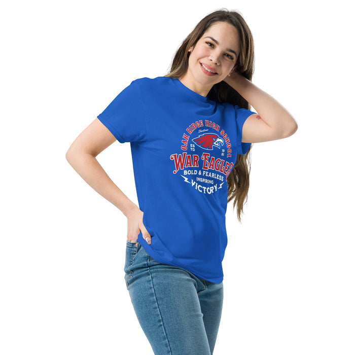 Woman wearing Oak Ridge High School War Eagles Royal Blue Classic Unisex T-shirt 206