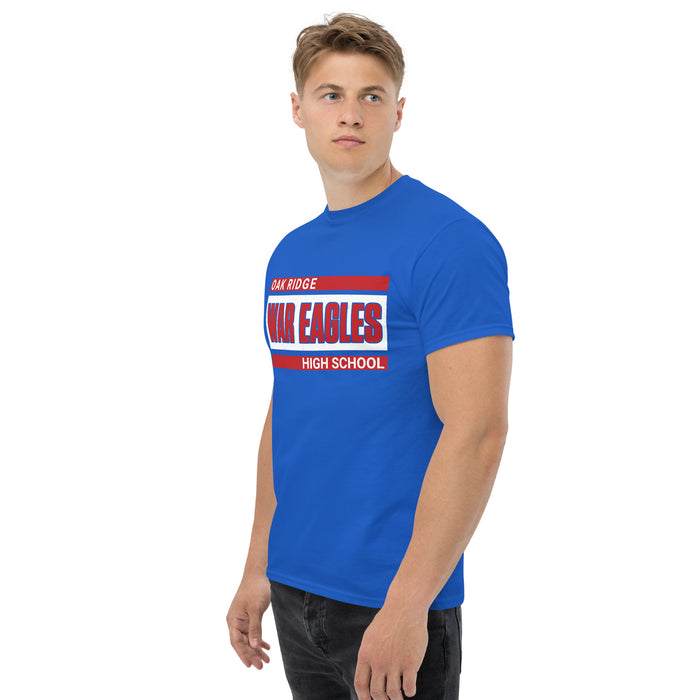 Man wearing Oak Ridge High School War Eagles Royal Blue Classic Unisex T-shirt 098