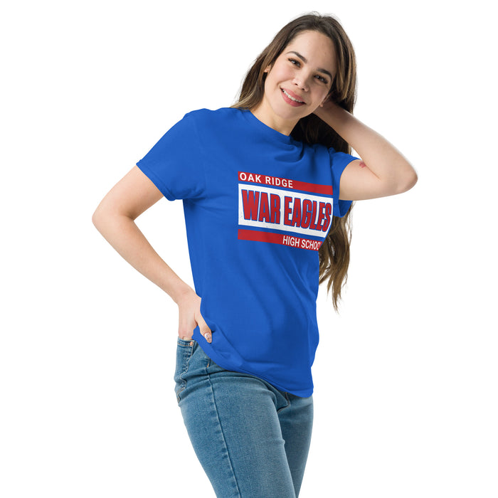 Woman wearing Oak Ridge High School War Eagles Royal Blue Classic Unisex T-shirt 098