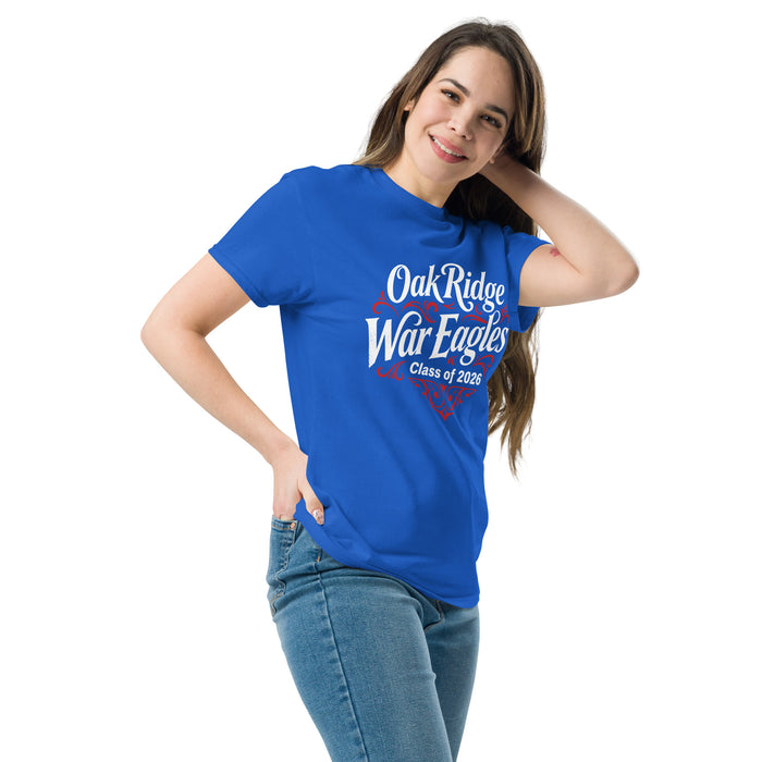 Woman wearing Oak Ridge High School War Eagles Royal Blue Classic Unisex T-shirt 255